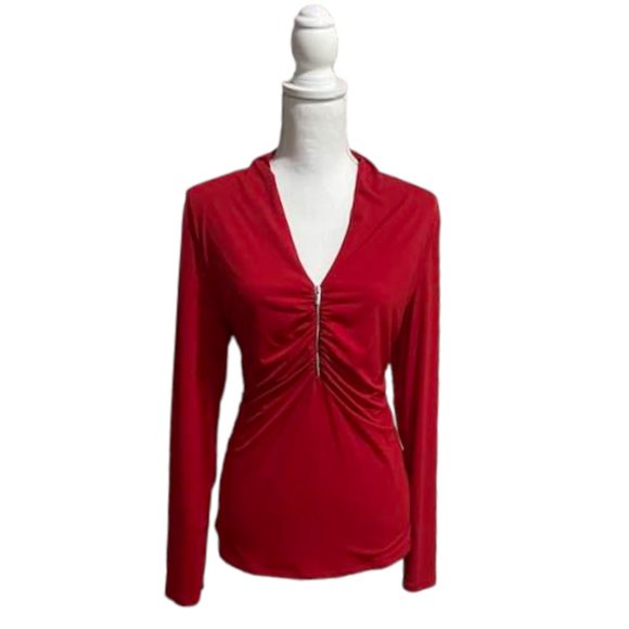 Boston Proper Rouched Front Half Zipper Christmas Valentine's Day  Red Top -  L - Picture 15 of 15